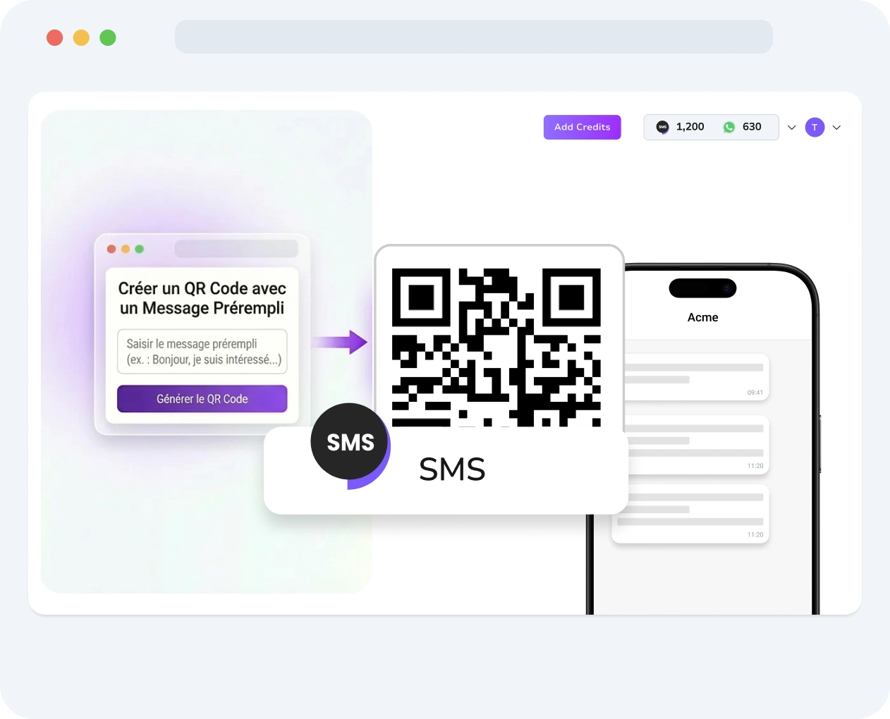 Capture d'écran de l'interface TopMessage affichant l'outil de création de code QR SMS avec personnalisation et mesures de performance.