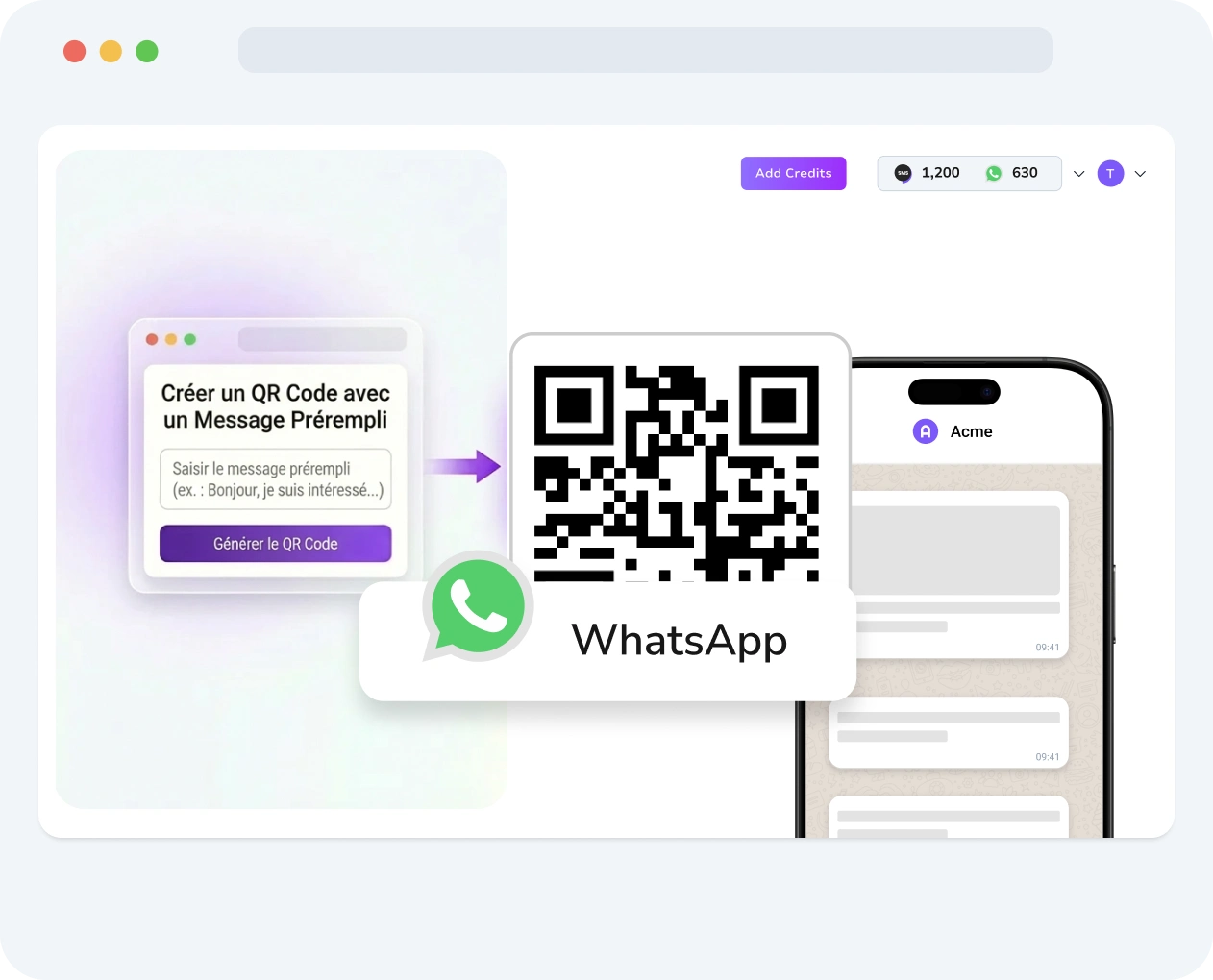 Capture d’écran de l’interface TopMessage montrant l’outil de création de QR code WhatsApp avec options de personnalisation et métriques de performance.