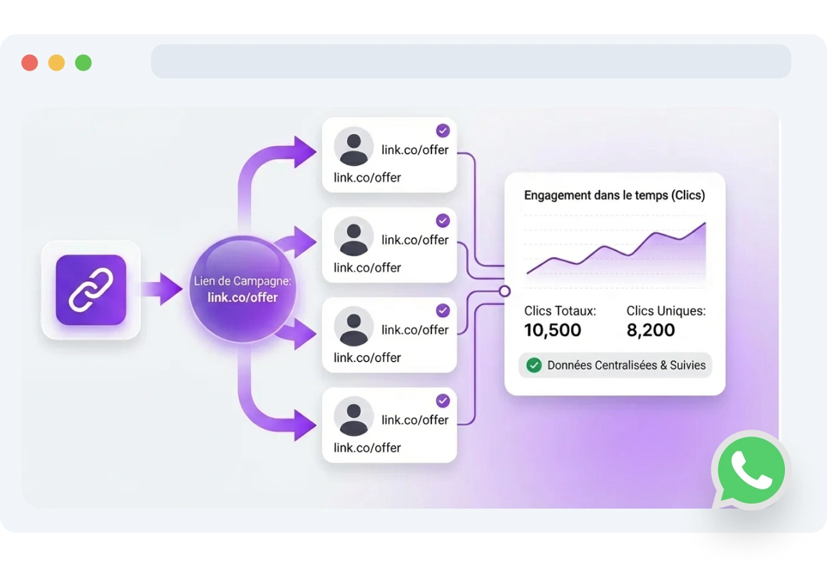 Tableau de bord des liens statiques WhatsApp dans TopMessage affichant les statistiques de suivi des liens