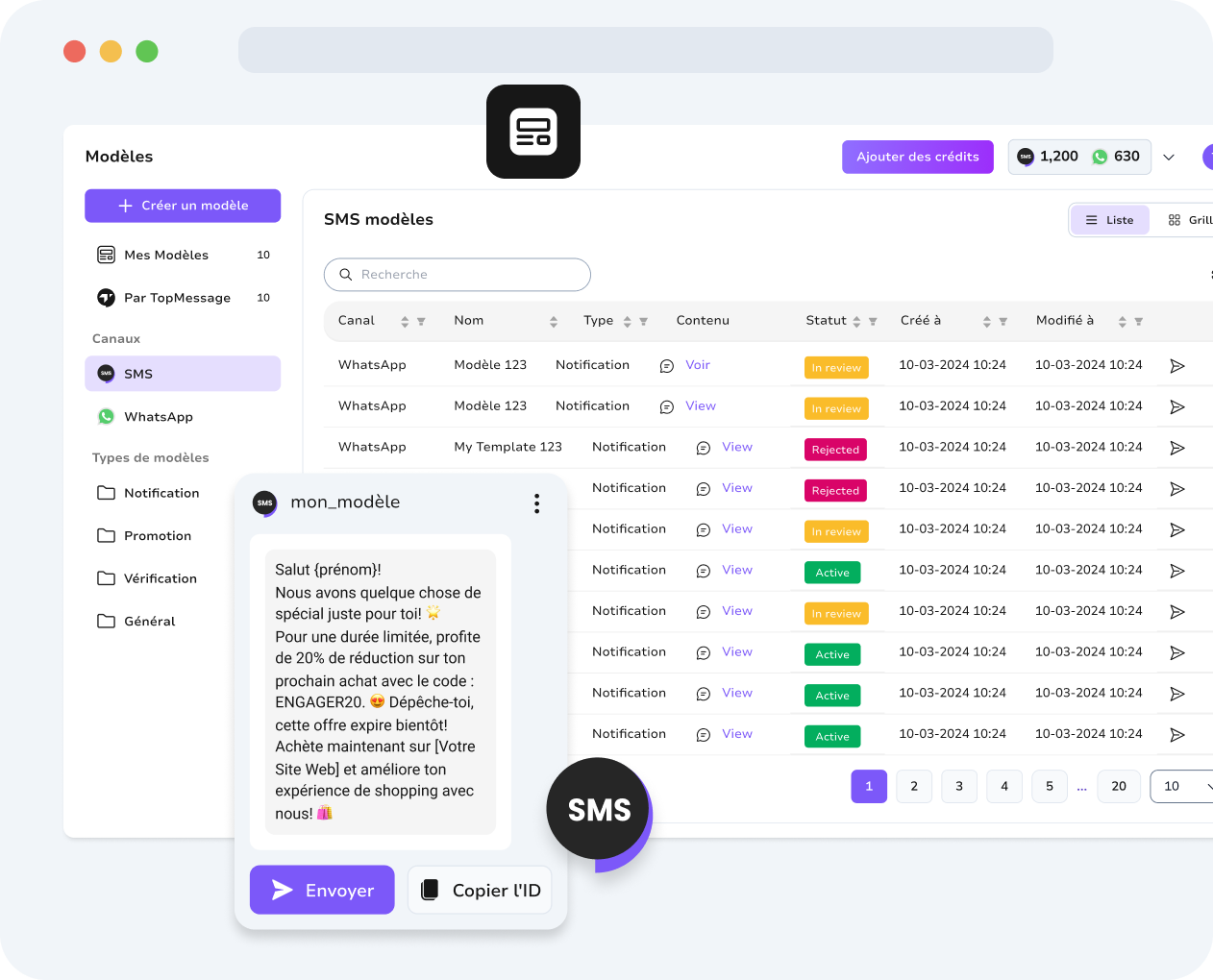 Tableau de bord unifié TopMessage affichant des modèles SMS et WhatsApp pour une gestion simplifiée des communications.