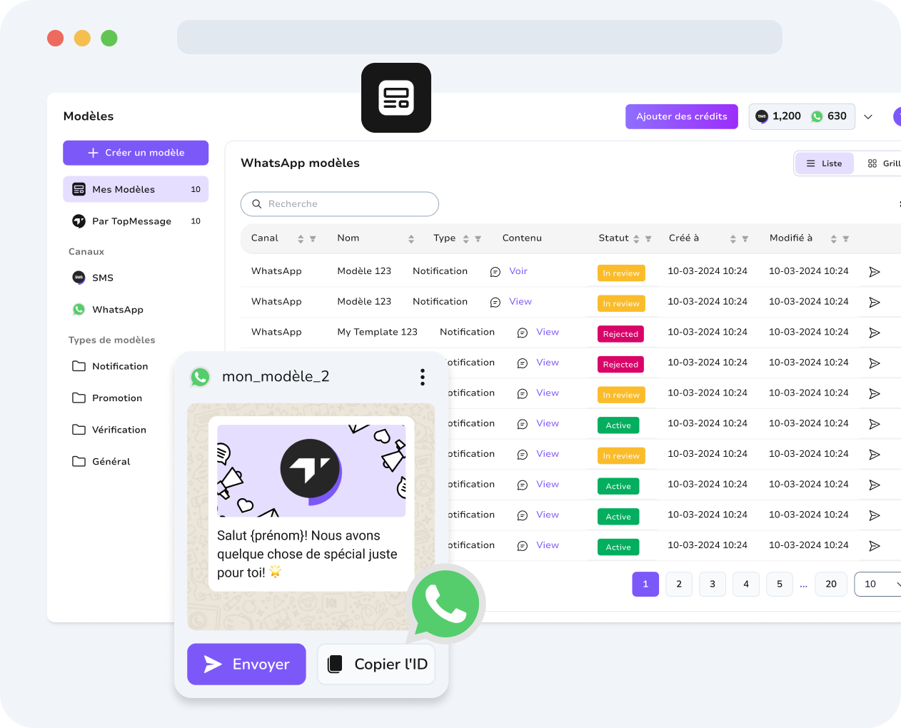 Tableau de bord unifié TopMessage affichant des modèles WhatsApp et SMS pour une gestion simplifiée des communications.