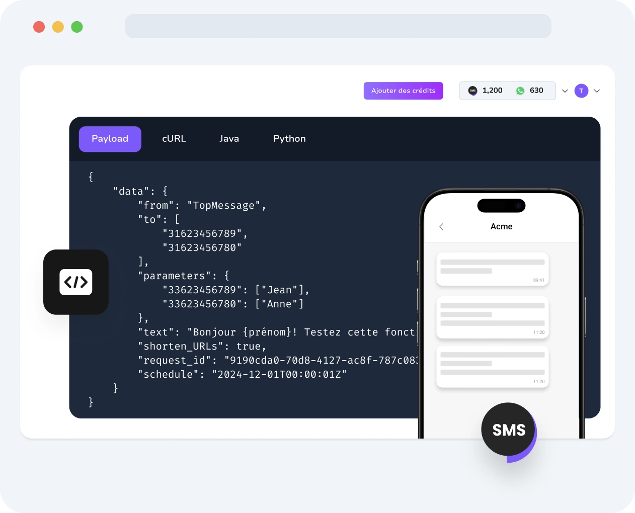 Capture d’écran du tableau de bord TopMessage affichant les requêtes de l’API Verify SMS, les délais de livraison des codes et les résultats de vérification en temps réel.