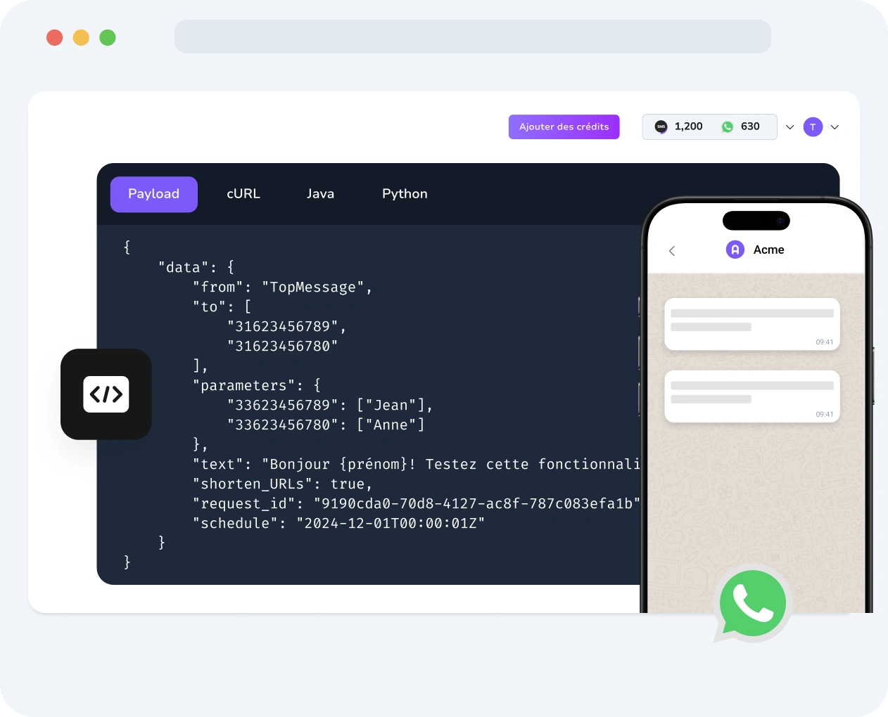 Capture d’écran du tableau de bord TopMessage affichant l’activité de l’API Verify WhatsApp, notamment les journaux de livraison des codes, les taux de réussite des vérifications et les détails du flux de messages.
