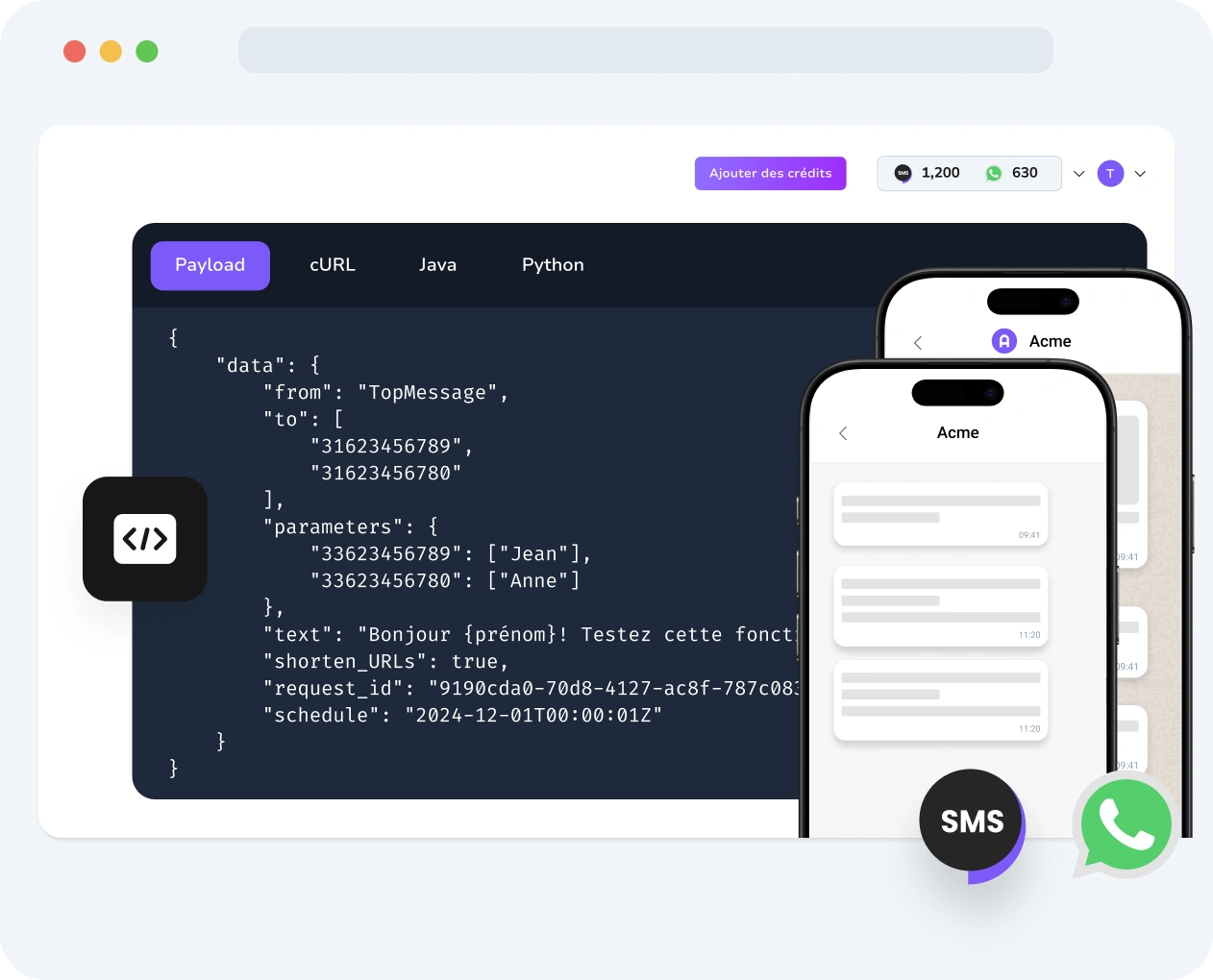 Capture d’écran de l’interface TopMessage affichant l’activité de l’API Verify, notamment le statut de vérification, les résultats de livraison et les performances de validation des codes.