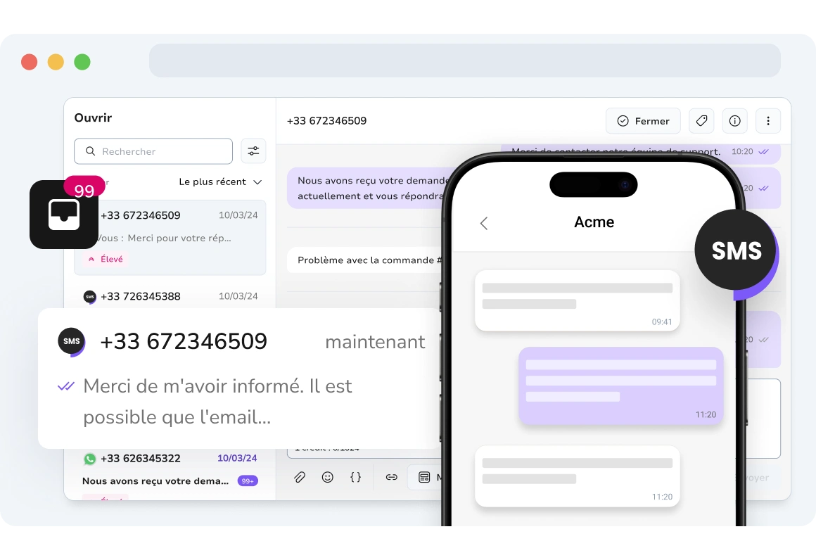 Capture d'écran d'un utilisateur interagissant avec des messages SMS bidirectionnels à l'aide d'un numéro virtuel TopMessage.