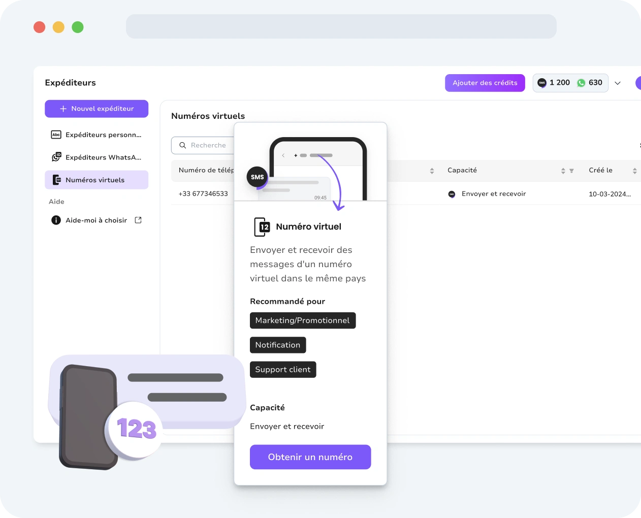 Capture d'écran de l'interface des numéros virtuels SMS de TopMessage.