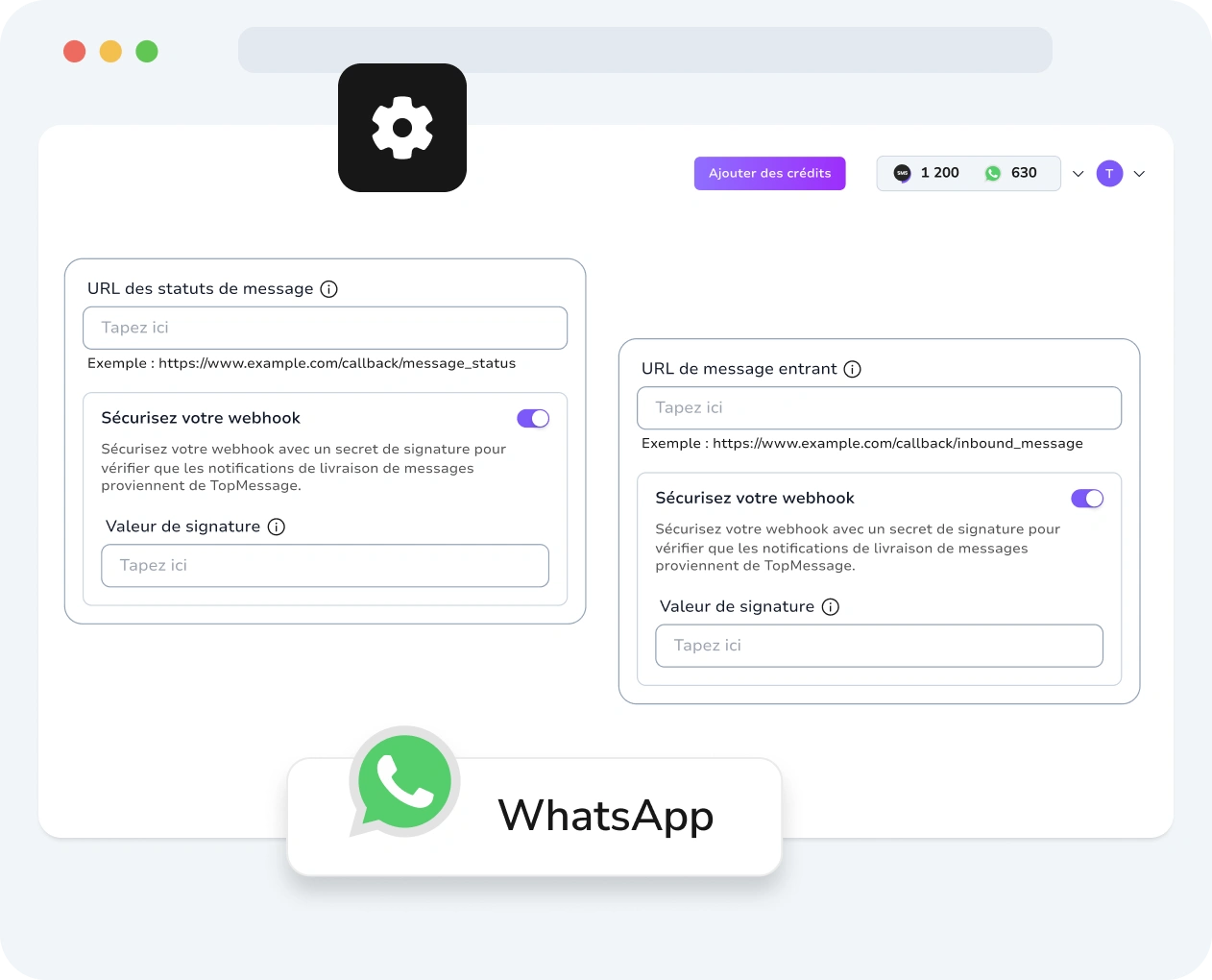 Capture d’écran de l’interface TopMessage affichant la configuration des webhooks WhatsApp avec des options de personnalisation et des métriques de performance.