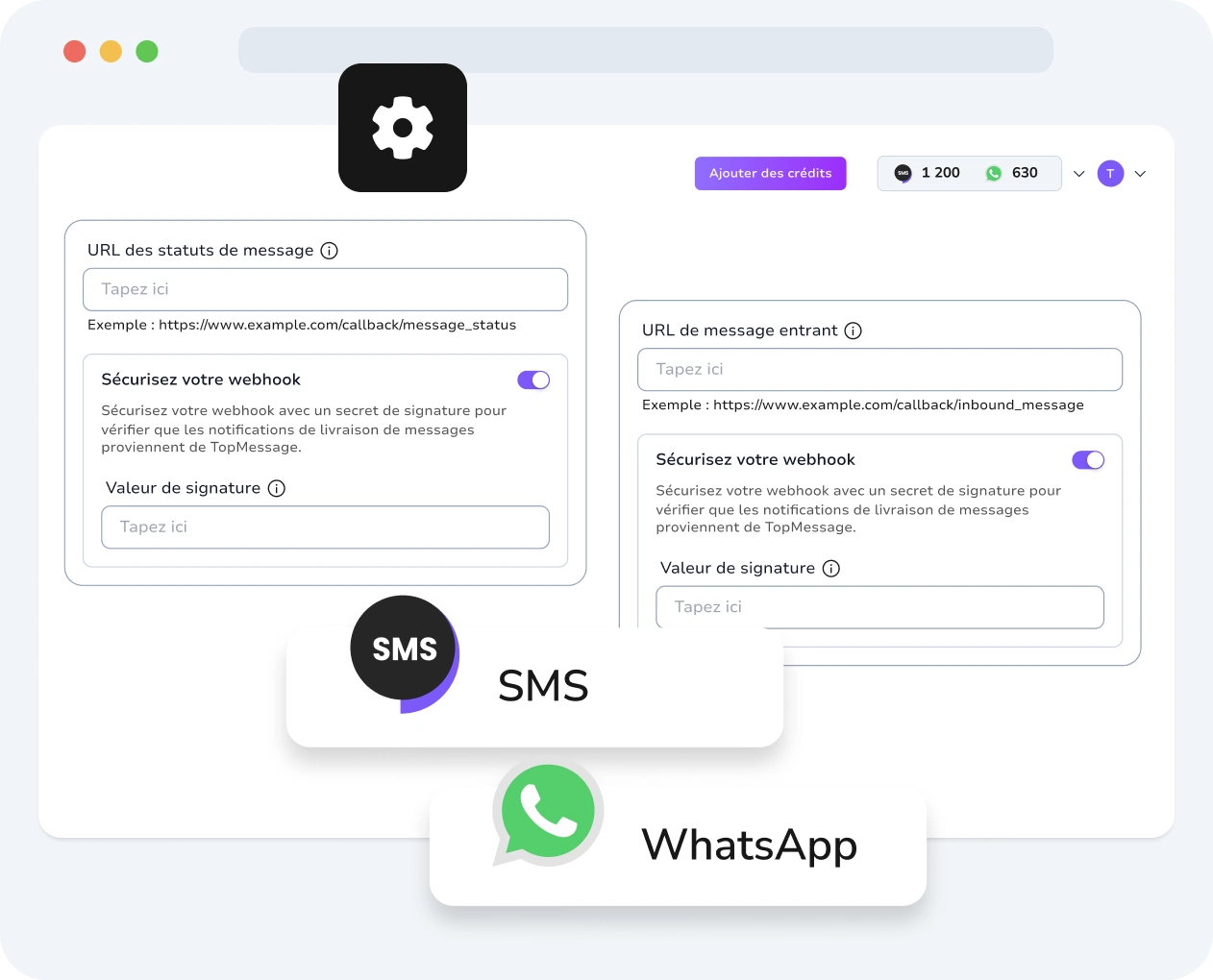 Capture d’écran de l’interface TopMessage affichant la création et la configuration des webhooks avec des métriques de performance.
