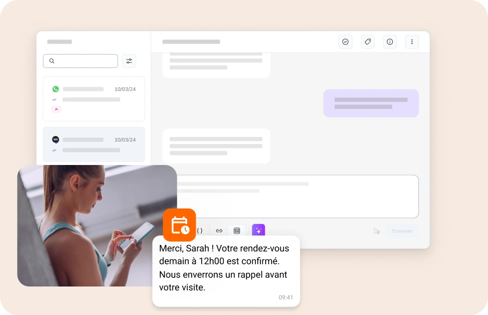 Femme regardant son smartphone, recevant un rappel TopMessage pour son rendez-vous médical, tableau de bord en arrière-plan.