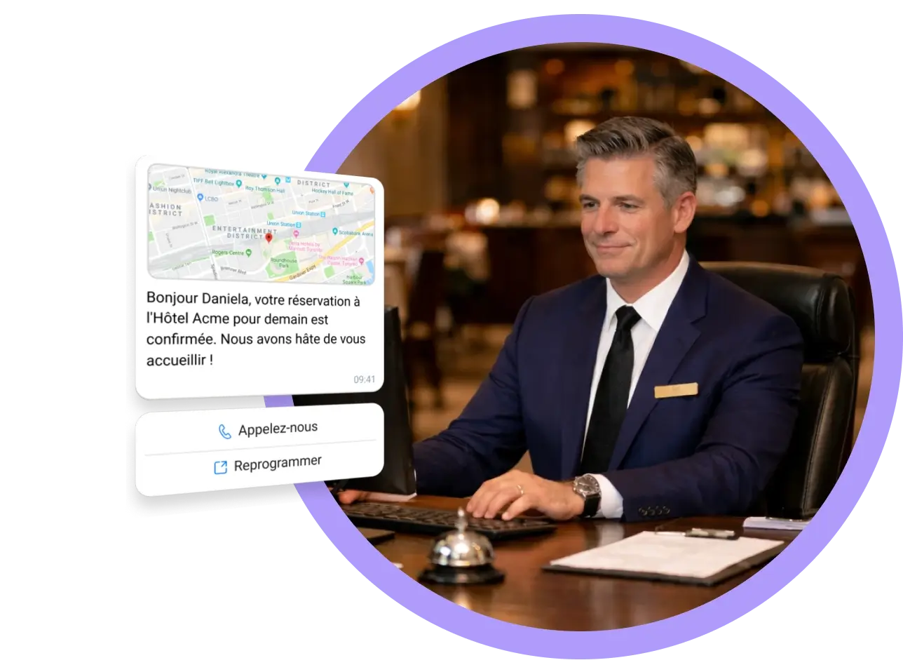 Personnel de restaurant et d'hôtel gérant les réservations et les messages des clients à l'aide de SMS et WhatsApp sur une plateforme numérique