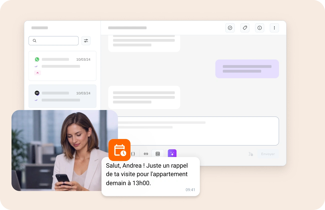 Professionnels de l'immobilier communiquant avec les acheteurs, les vendeurs et les locataires via SMS et WhatsApp tout au long du parcours immobilier.