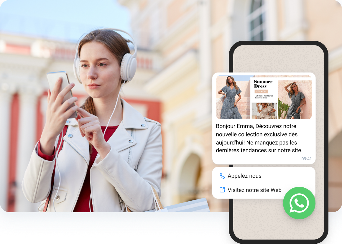 Une autre jeune femme avec des écouteurs blancs consulte les messages WhatsApp liés à ses commandes de commerce électronique.