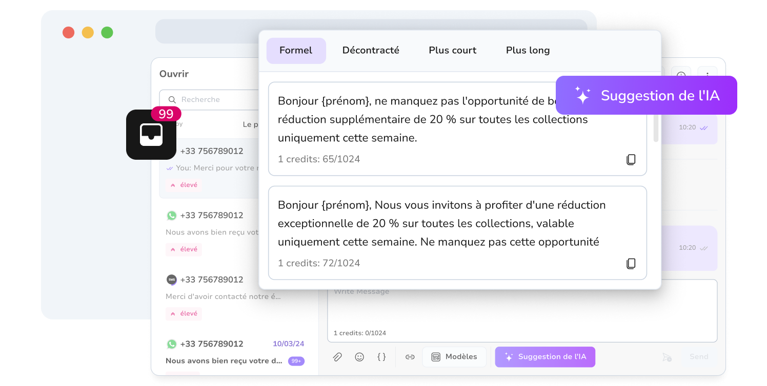 Capture d'écran montrant l'outil d'assistance IA de TopMessage.