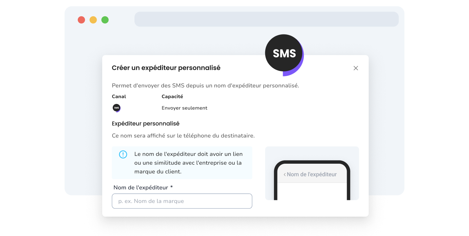 Screenshot of TopMessage's branded SMS sender setup page
