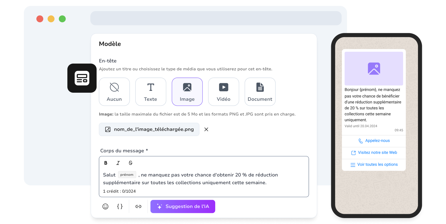Capture d'écran de la page de création de modèles dynamiques WhatsApp sur TopMessage.