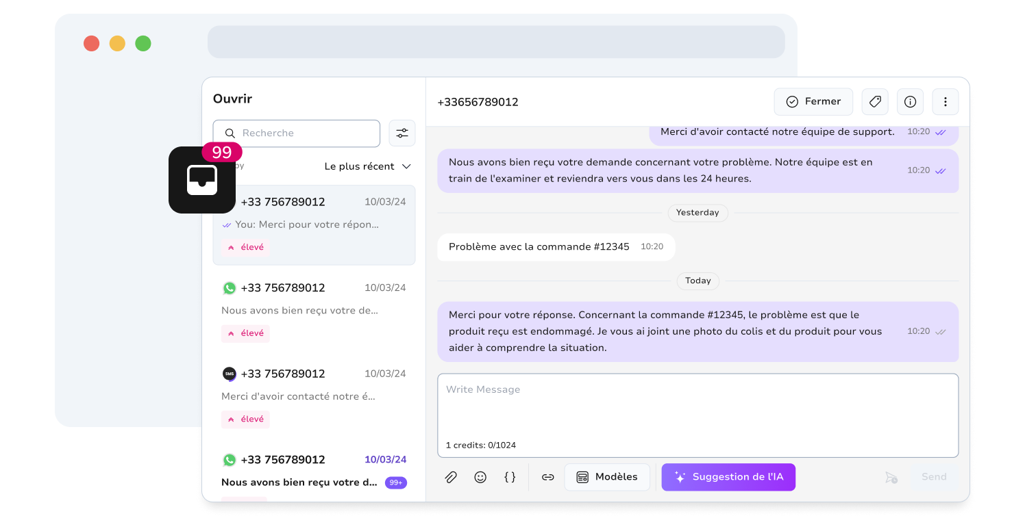Capture d'écran montrant la page de la boîte de réception unifiée de TopMessage.