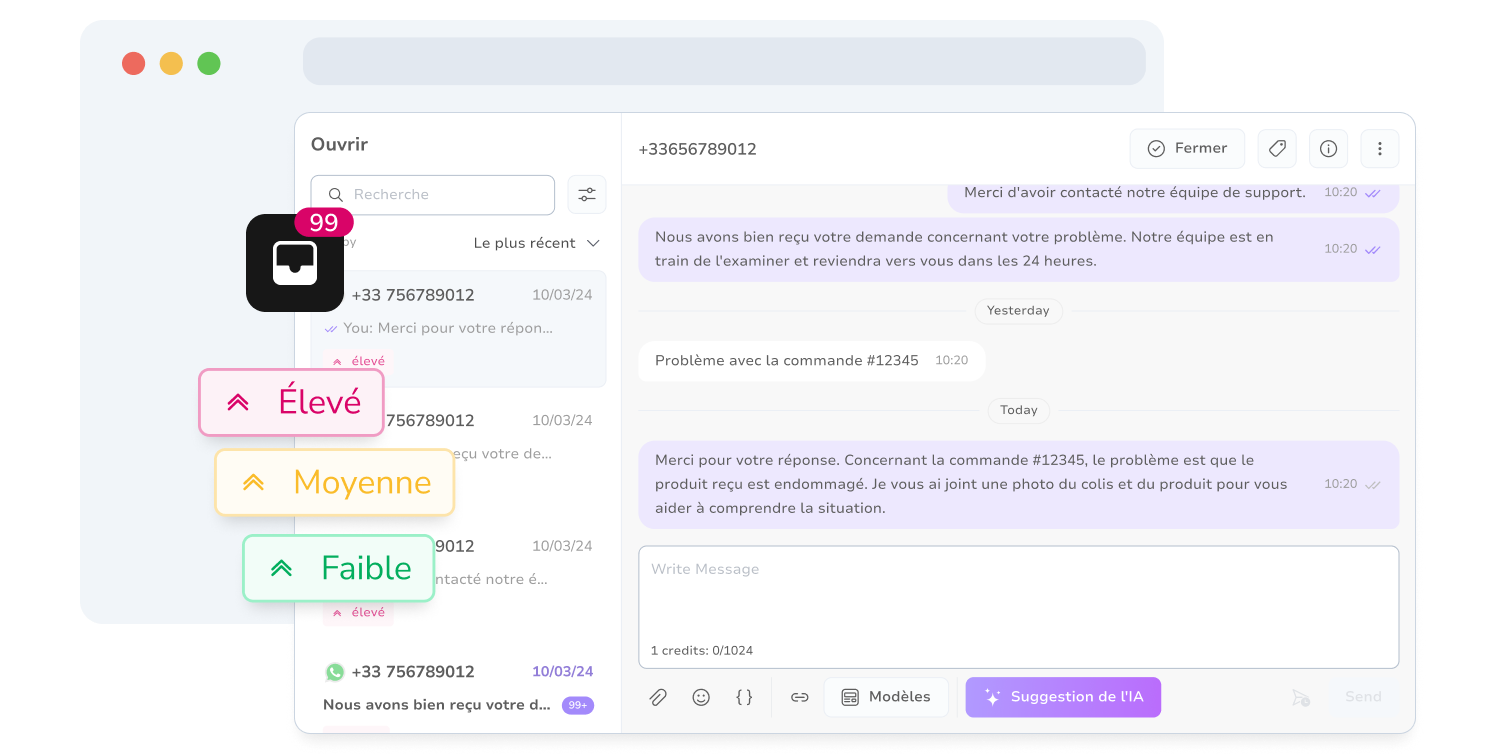 Capture d'écran de la boîte de réception unifiée de TopMessage affichant les priorités des conversations.
