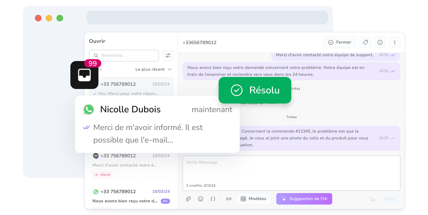 Capture d'écran de la boîte de réception WhatsApp de TopMessage montrant les conversations résolues pour la gestion de WhatsApp.
