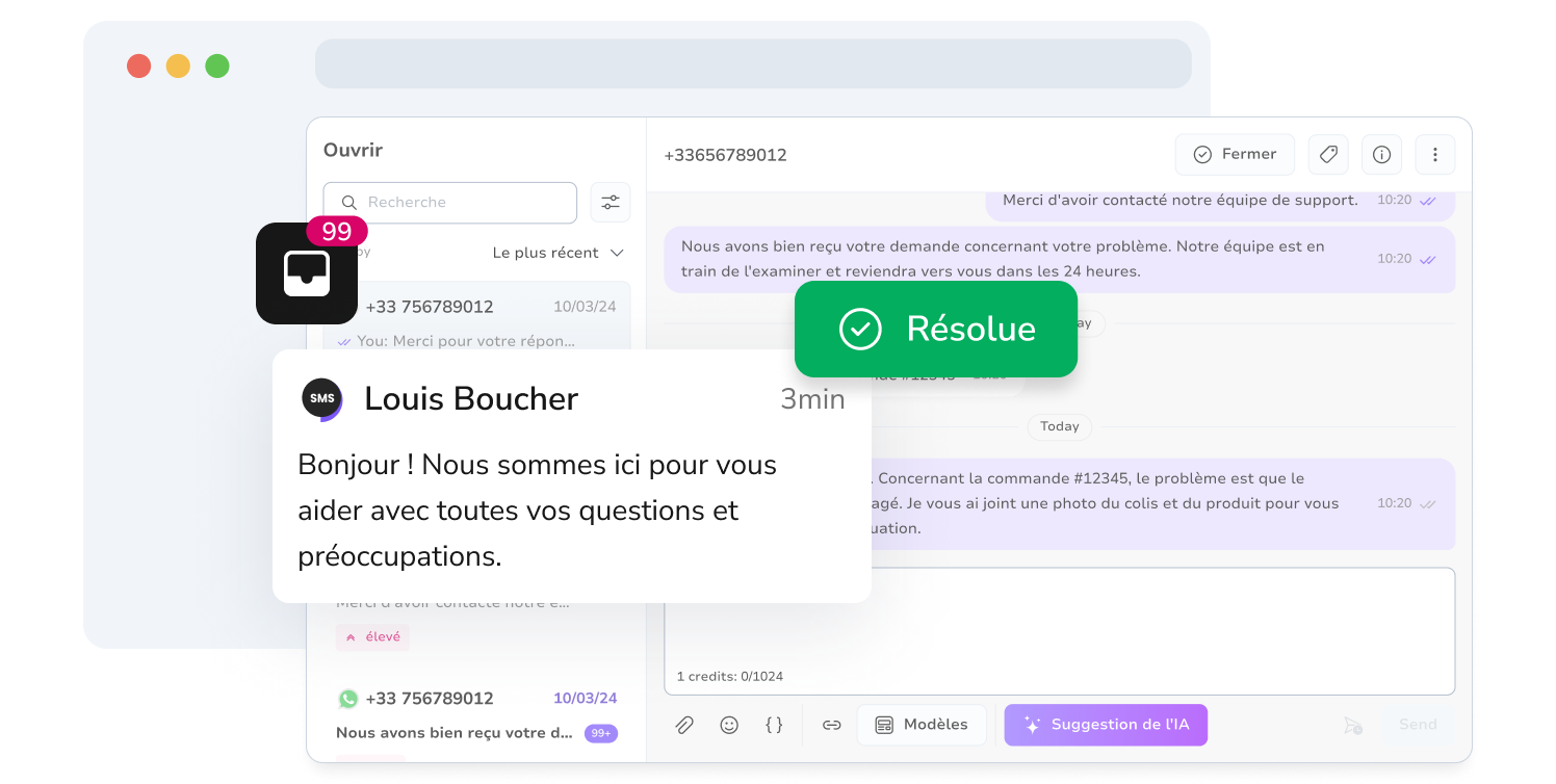 Capture d'écran de la boîte de réception unifiée de TopMessage avec les conversations SMS résolues.