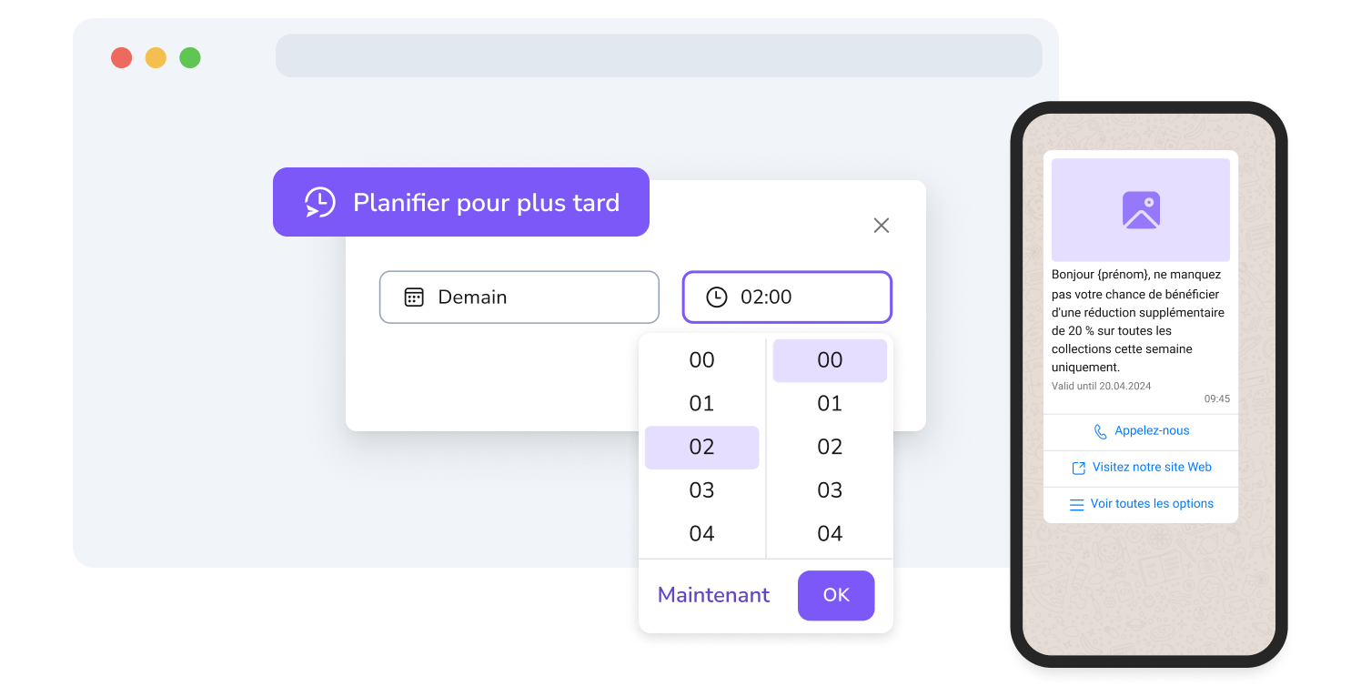 Capture d'écran de la page de campagne WhatsApp de TopMessage, incluant une fonctionnalité de planification.