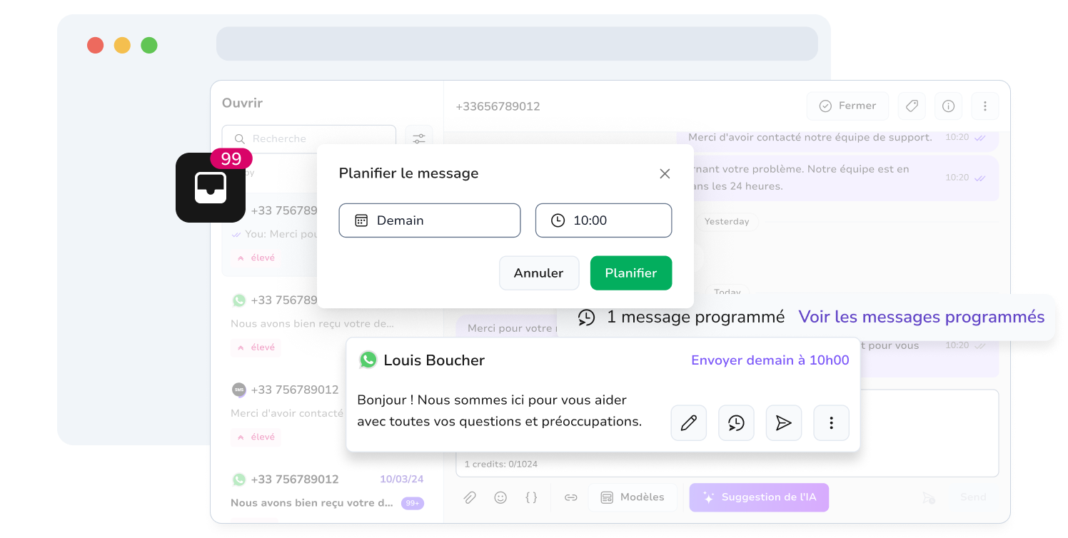 Capture d'écran de la boîte de réception WhatsApp de TopMessage avec la fonction de planification pour la gestion de WhatsApp Business.