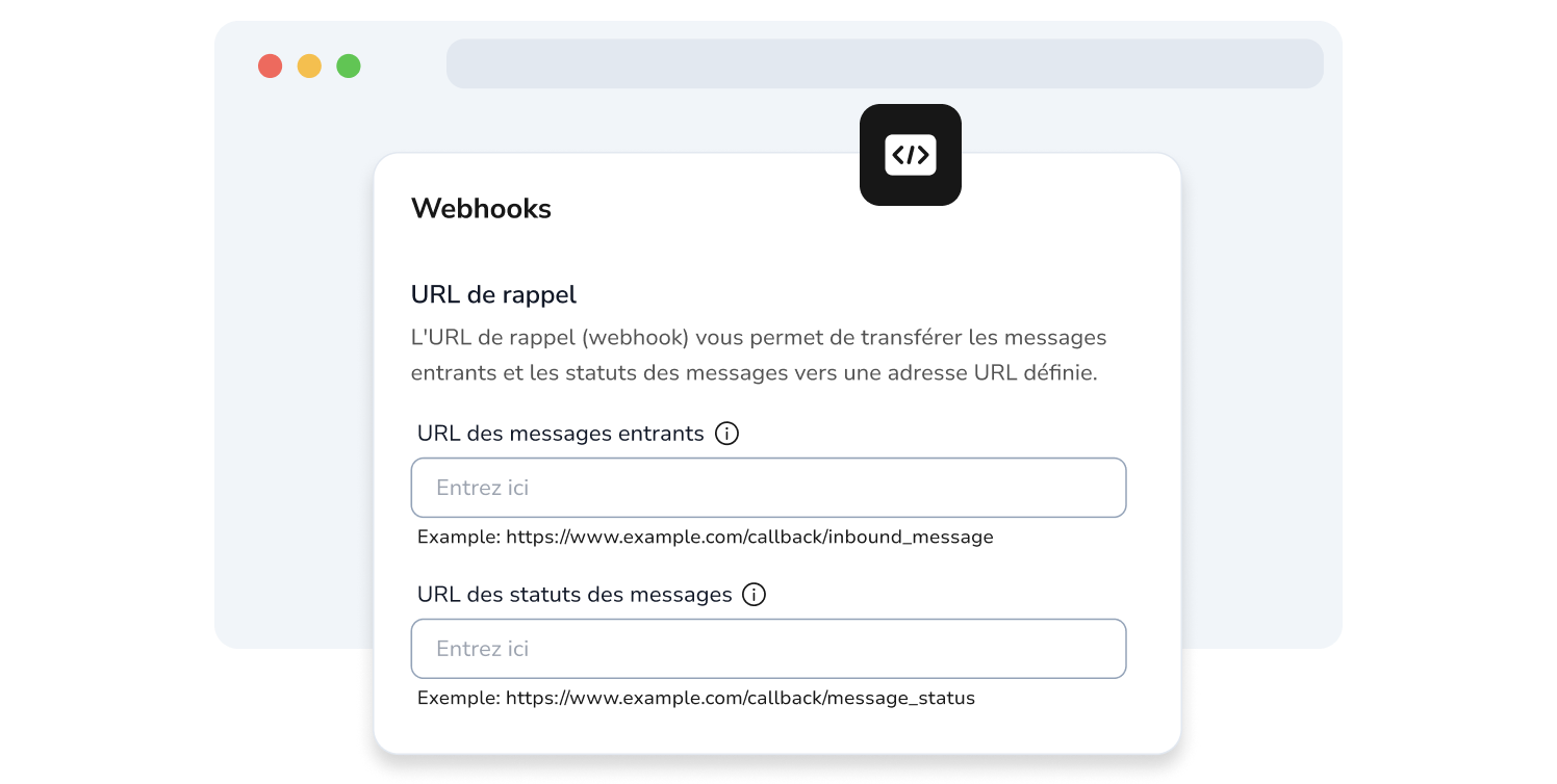 Capture d'écran de la page API de TopMessage montrant les champs pour la configuration des webhooks.