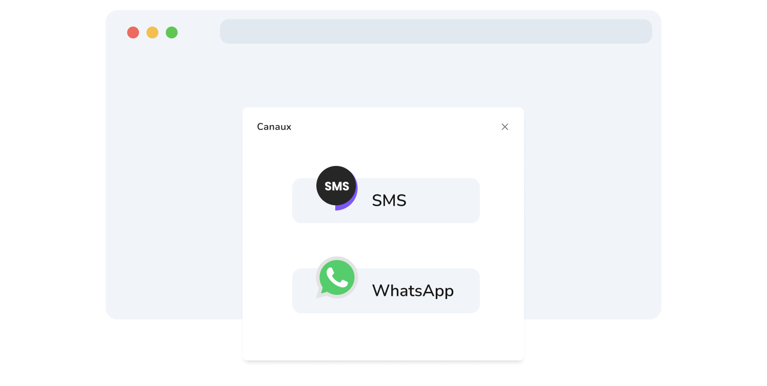 Capture d'écran de la page permettant de sélectionner les canaux WhatsApp et SMS de TopMessage.