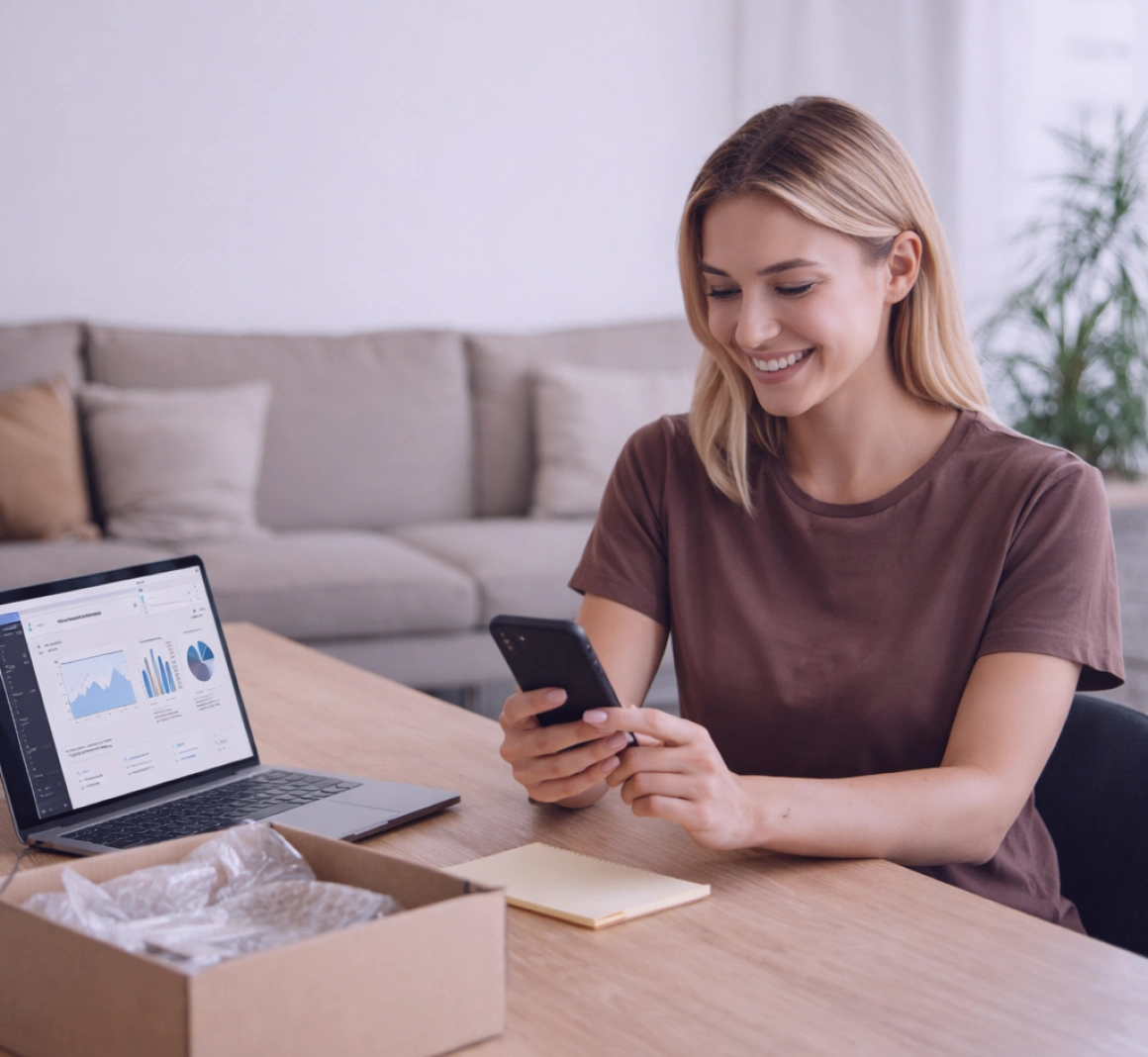 Personne tenant un smartphone et souriant, représentant un client terminant un processus de paiement via un lien SMS TopMessage.