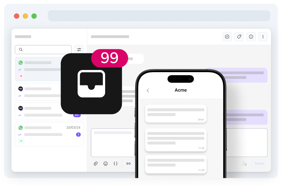 L’interface de la plateforme illustre la puissance de gestion avec un smartphone et une notification affichant 99 messages, symbole d’un volume élevé et constant d’échanges.