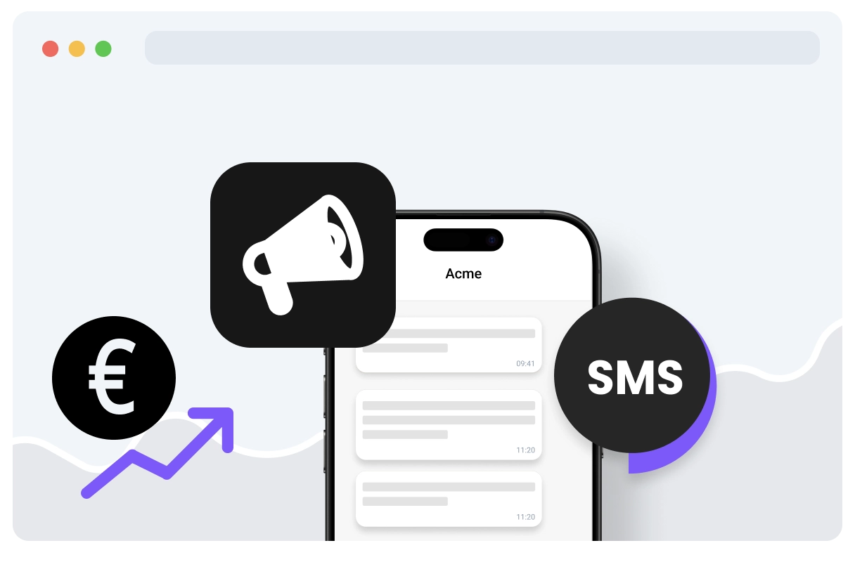 Imaginez un smartphone accompagné d’icônes de SMS et de mégaphone, associé à un symbole euro et une flèche ascendante, traduisant la croissance des revenus générée par le SMS marketing.