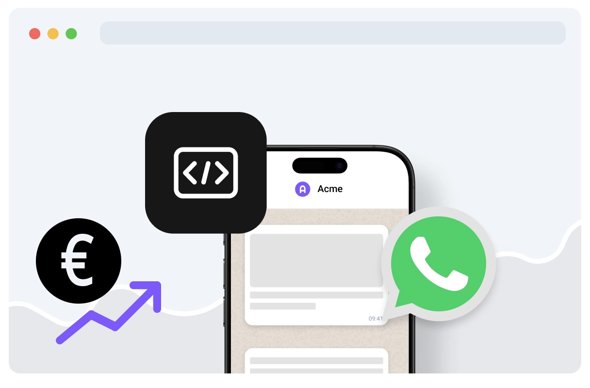 Un visuel de smartphone avec des icônes WhatsApp et code, associé à un symbole euro et une flèche ascendante, illustre la puissance de l’intégration WhatsApp et les gains potentiels pour les développeurs et partenaires.